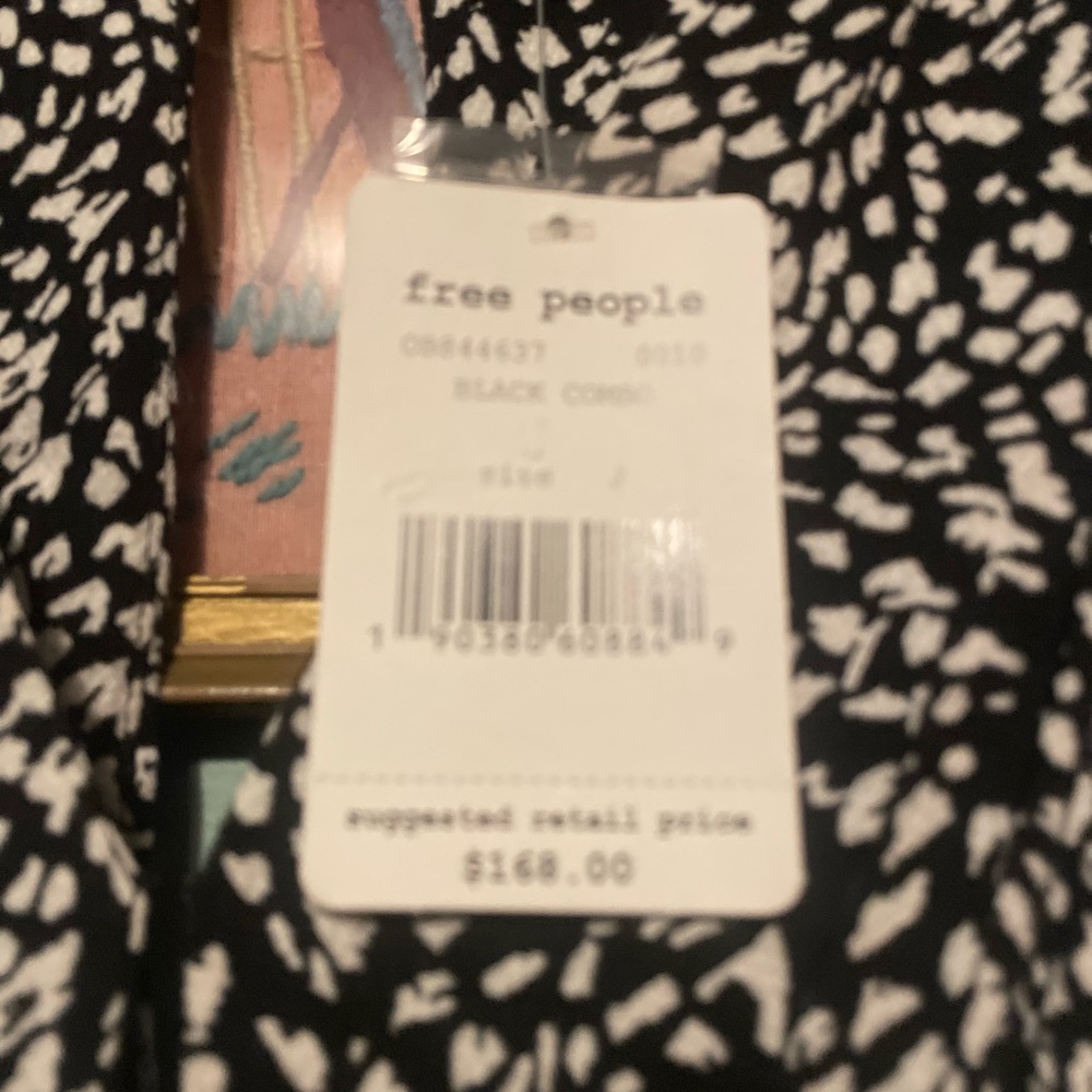 Free People Black and White Wrap Midi Dress with Puff Sleeves - Picture 5 of 8